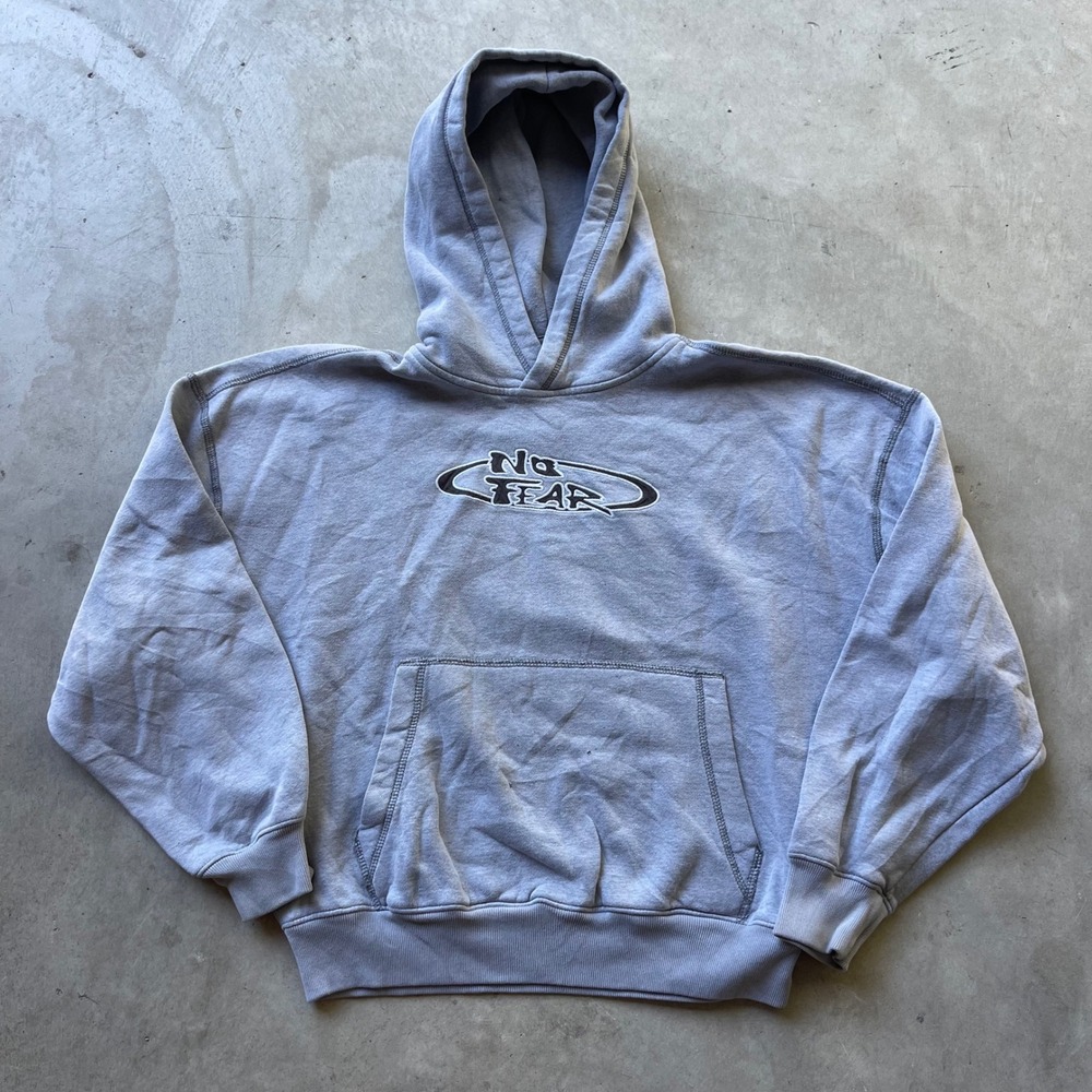 No Fear Y2K Boxy Hoodie Grey Baggy Cinch Fit Distressed XS Mens